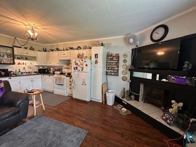 1601 W 4th Ave, International Falls, MN 56649 - living area with dark wood-type flooring, crown molding, and a tile fireplace