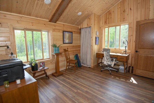 72 Sled Dog Trl, Hovland, MN 55604 - office area with healthy amount of natural light, wooden ceiling, wooden walls, wood finished floors, and high vaulted ceiling