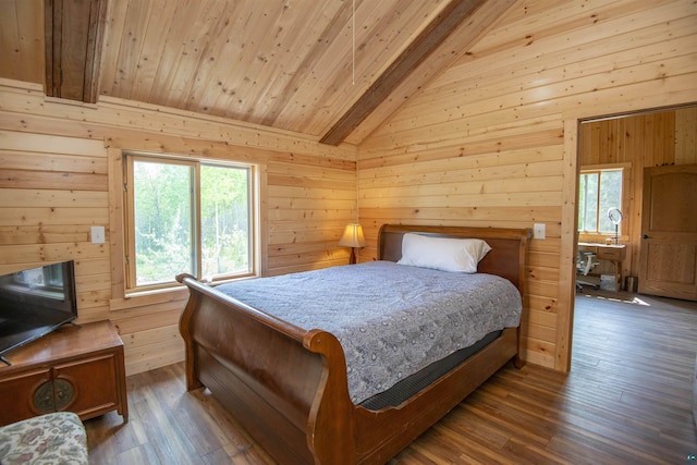 72 Sled Dog Trl, Hovland, MN 55604 - bedroom featuring wooden walls, dark wood finished floors, and wooden ceiling