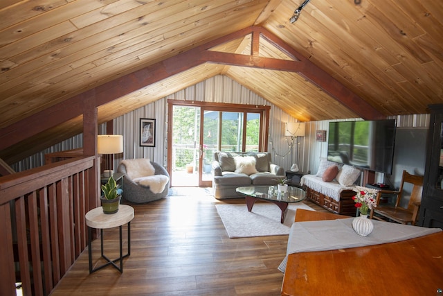 72 Sled Dog Trl, Hovland, MN 55604 - living area with hardwood / wood-style floors, lofted ceiling, and wood ceiling