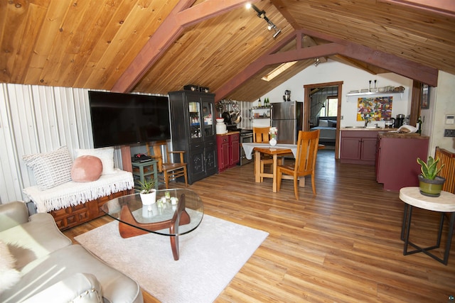 72 Sled Dog Trl, Hovland, MN 55604 - living area featuring light wood-style floors, vaulted ceiling, wood ceiling, and rail lighting