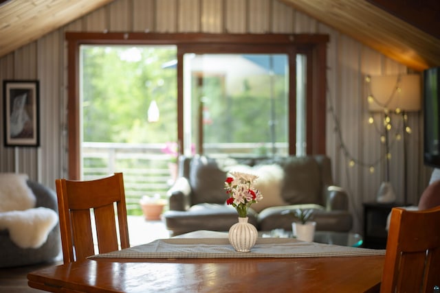 72 Sled Dog Trl, Hovland, MN 55604 - dining space with vaulted ceiling and wood walls