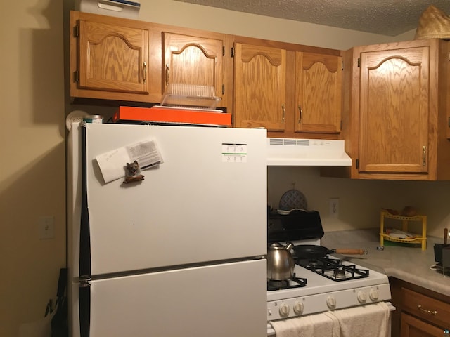 2213 W 10th St, Duluth, MN 55806 - kitchen featuring white appliances, under cabinet range hood, light countertops, and a textured ceiling