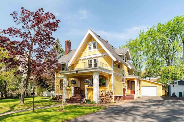 2415 E 2nd St, Duluth, MN 55812 - view of front facade featuring a balcony, a chimney, a garage, asphalt driveway, and a front yard