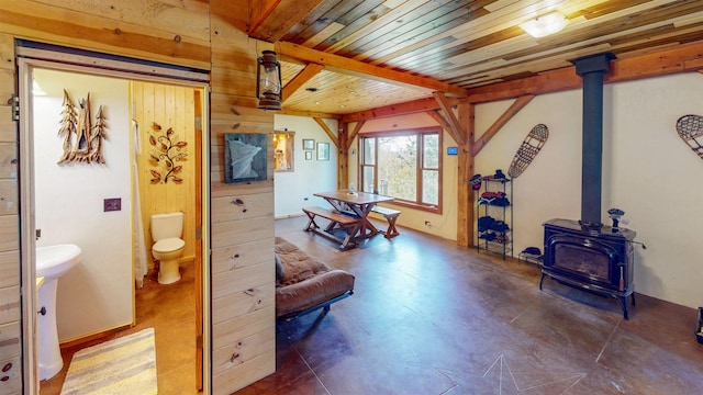 815 Otter Lake Rd, Hovland, MN 55606 - sitting room with a wood stove and wooden ceiling with exposed beams