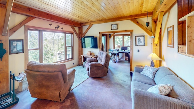 815 Otter Lake Rd, Hovland, MN 55606 - living area with finished concrete flooring and wood ceiling