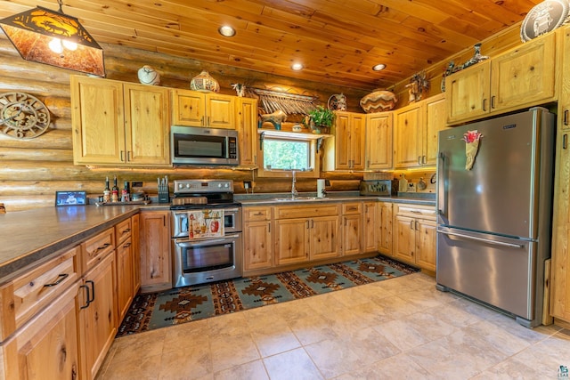 2137 Deer Ridge Rd, Ely, MN 55731 - kitchen with appliances with stainless steel finishes, log walls, wood ceiling, a sink, and dark countertops