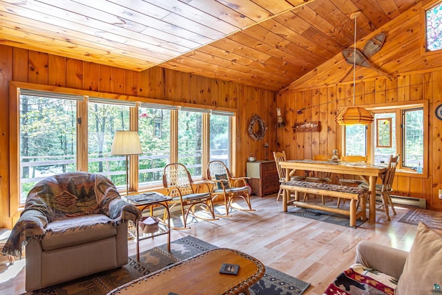 3666 Mackie Rd, Ely, MN 55731 - living area with lofted ceiling, plenty of natural light, wooden walls, wood ceiling, and light wood finished floors