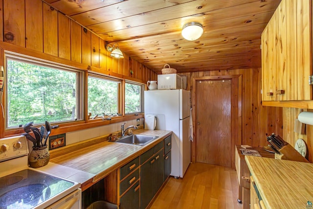 3666 Mackie Rd, Ely, MN 55731 - kitchen featuring white appliances, a sink, light wood-type flooring, wooden ceiling, and healthy amount of natural light