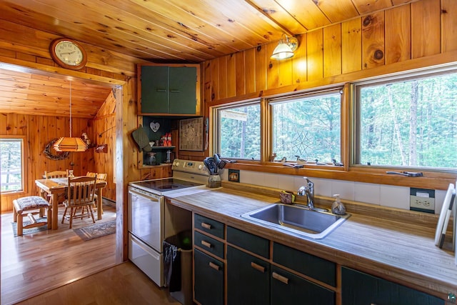 3666 Mackie Rd, Ely, MN 55731 - kitchen with white electric range oven, a sink, wood walls, wood ceiling, and light wood-type flooring