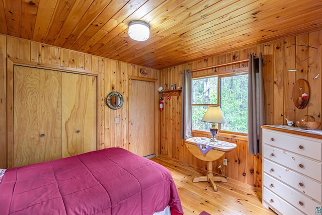 3666 Mackie Rd, Ely, MN 55731 - bedroom with wood walls, two closets, wooden ceiling, and light wood-style floors