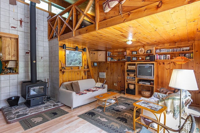 3666 Mackie Rd, Ely, MN 55731 - living room featuring a wood stove, wood walls, wood finished floors, and wood ceiling