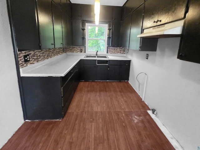 3756 Main St, Barnum, MN 55707 - kitchen with a sink, under cabinet range hood, dark wood-type flooring, backsplash, and light countertops