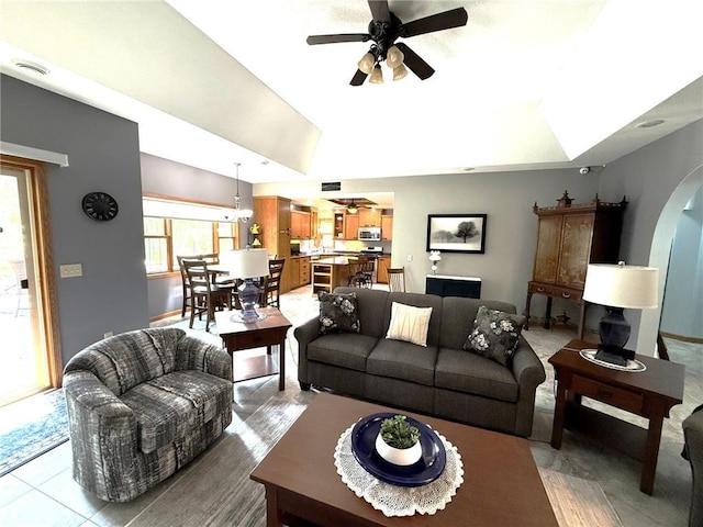 58950 State Highway 23, Sandstone, MN 55072 - living room featuring a ceiling fan and vaulted ceiling