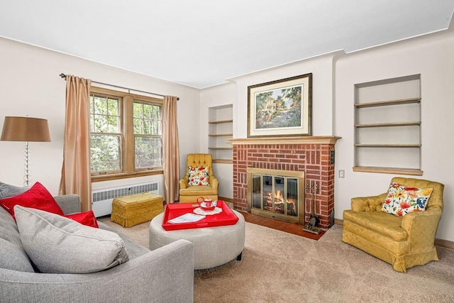 3319 E Superior St, Duluth, MN 55804 - carpeted living room with radiator heating unit, built in features, and a fireplace