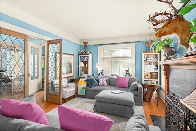 2401 E 5th St, Duluth, MN 55812 - living area featuring ornamental molding, wood finished floors, and french doors