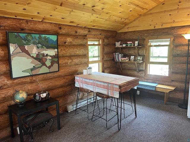 13321 Lodge Rd, Ely, MN 55731 - carpeted dining area featuring wooden ceiling, rustic walls, vaulted ceiling, and a baseboard radiator