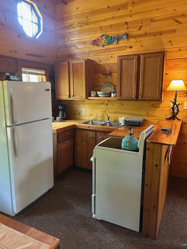 13321 Lodge Rd, Ely, MN 55731 - kitchen with freestanding refrigerator, range, a sink, wood walls, and brown cabinets