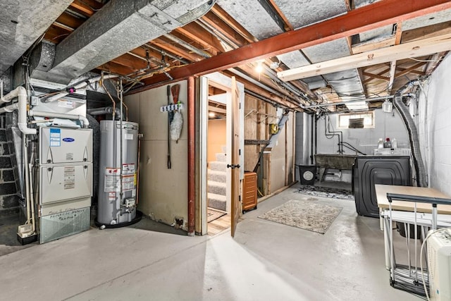 609 N 34th Ave E, Duluth, MN 55804 - below grade area with washer / clothes dryer, gas water heater, stairway, and heating unit
