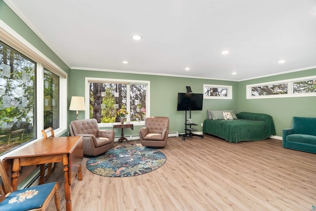 244 E 3rd St, Knife River, MN 55609 - living area with a baseboard heating unit, crown molding, wood finished floors, baseboards, and recessed lighting