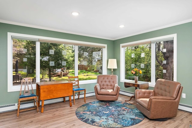 244 E 3rd St, Knife River, MN 55609 - living area featuring a baseboard radiator, crown molding, wood finished floors, and baseboards