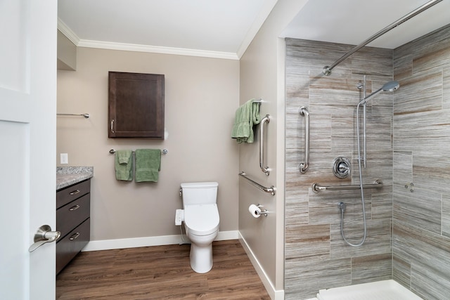 244 E 3rd St, Knife River, MN 55609 - bathroom with crown molding, a shower stall, toilet, and wood finished floors