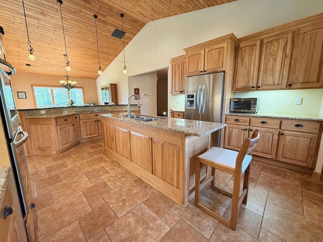 20 Mulberry Ln, Babbitt, MN 55731 - kitchen with a sink, wooden ceiling, a kitchen island with sink, a chandelier, and stainless steel fridge with ice dispenser