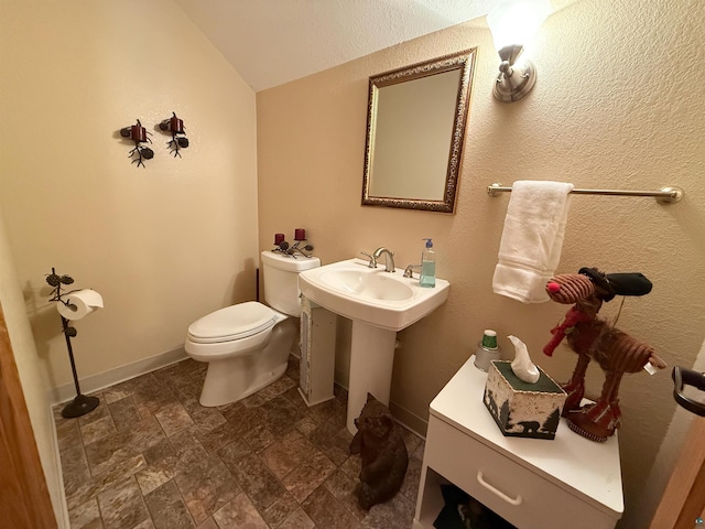 20 Mulberry Ln, Babbitt, MN 55731 - bathroom with toilet, stone finish floors, vaulted ceiling, and baseboards