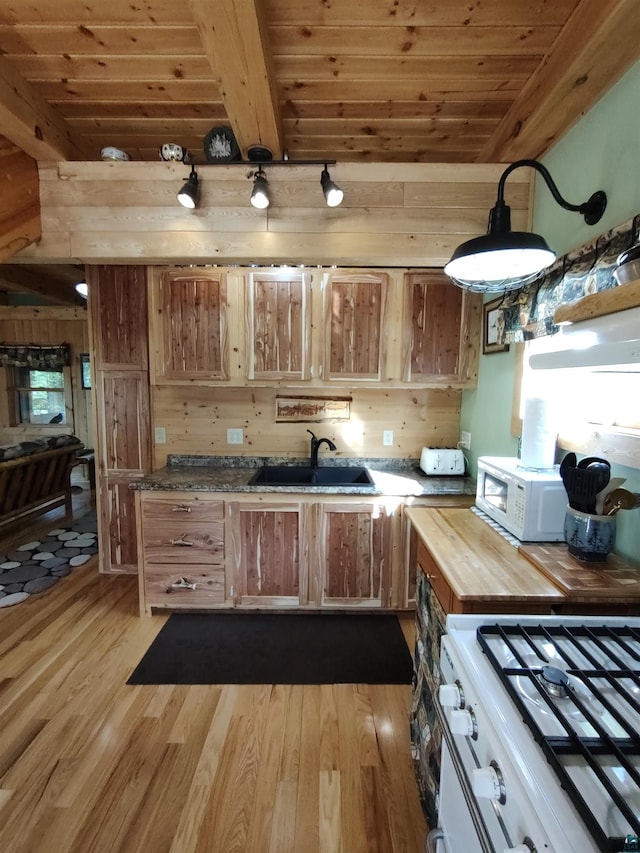 4089 First Lake Rd, Ely, MN 55731 - kitchen with a sink, wood counters, white appliances, wood ceiling with exposed beams, and dark wood finished floors