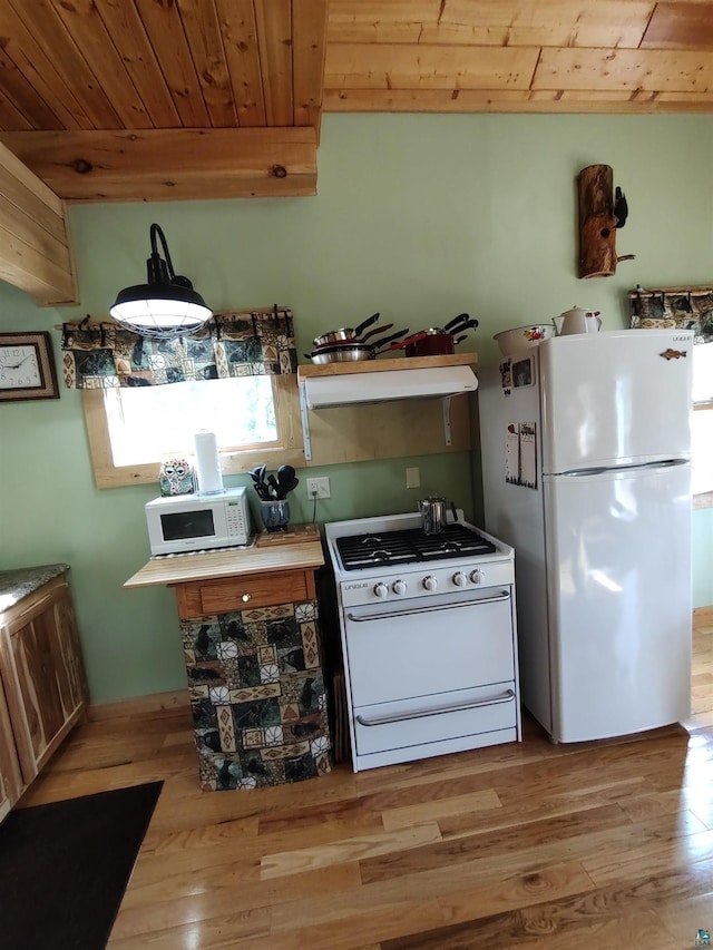 4089 First Lake Rd, Ely, MN 55731 - kitchen with white appliances, wooden ceiling, light wood finished floors, and exhaust hood