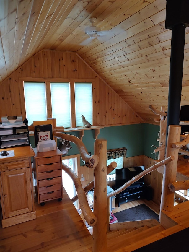 4089 First Lake Rd, Ely, MN 55731 - office space featuring lofted ceiling, wood-type flooring, wooden ceiling, and wood walls