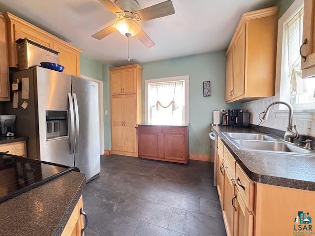17 S 57th Ave E, Duluth, MN 55804 - kitchen featuring a sink, stainless steel appliances, dark countertops, baseboards, and ceiling fan