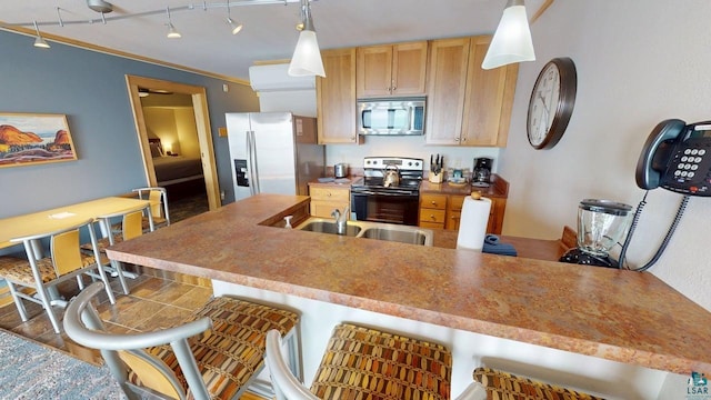 21 E Wisconsin St Unit 302, Grand Marais, MN 55604 - kitchen with appliances with stainless steel finishes, a sink, pendant lighting, a breakfast bar area, and an AC wall unit