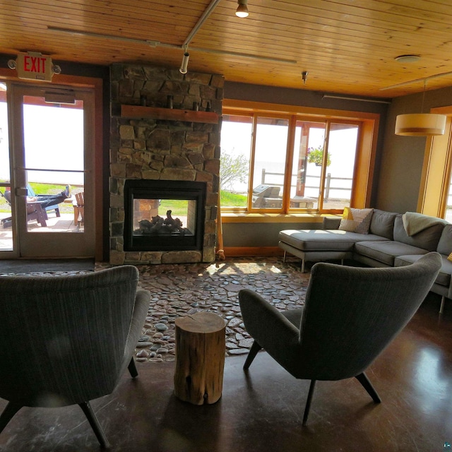 21 E Wisconsin St Unit 302, Grand Marais, MN 55604 - living room with healthy amount of natural light, wooden ceiling, a fireplace, wood finished floors, and rail lighting