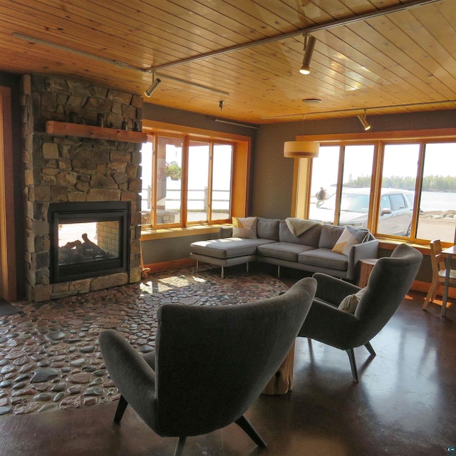 21 E Wisconsin St Unit 302, Grand Marais, MN 55604 - living room with track lighting, wood ceiling, and a stone fireplace