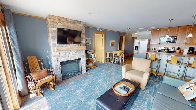 21 E Wisconsin St Unit 302, Grand Marais, MN 55604 - living area featuring a fireplace and crown molding