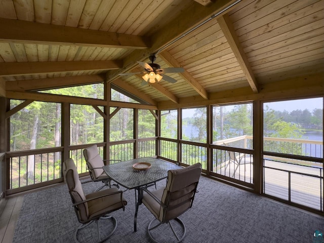6476 Cypress Ln, Gilbert, MN 55741 - sunroom / solarium featuring a water view, ceiling fan, and outdoor dining space