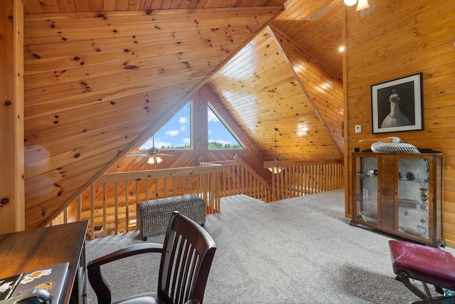 1543 E Miners Lk, Ely, MN 55731 - bedroom featuring wooden ceiling, wooden walls, lofted ceiling, and carpet flooring