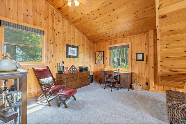 1543 E Miners Lk, Ely, MN 55731 - carpeted office space with vaulted ceiling, wood walls, ceiling fan, and wood ceiling
