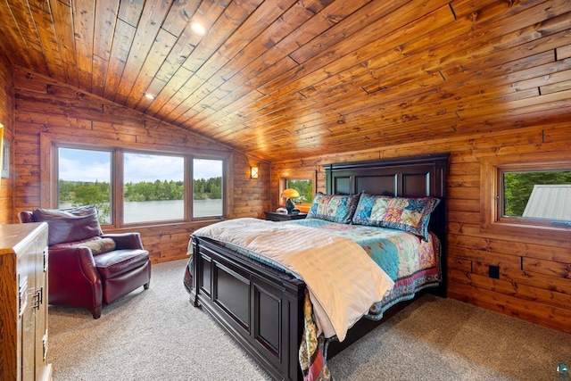 1543 E Miners Lk, Ely, MN 55731 - bedroom featuring vaulted ceiling, light colored carpet, wooden ceiling, and wood walls