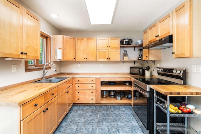 1682 Old N Shore Rd, Duluth, MN 55804 - kitchen featuring stainless steel electric range oven, a sink, wood counters, light brown cabinetry, and recessed lighting