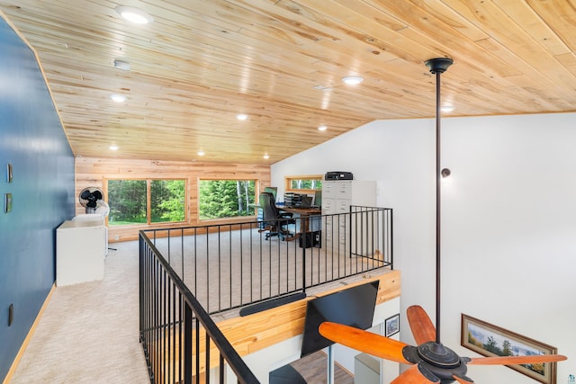 1682 Old N Shore Rd, Duluth, MN 55804 - corridor with wooden ceiling, recessed lighting, carpet, an upstairs landing, and vaulted ceiling