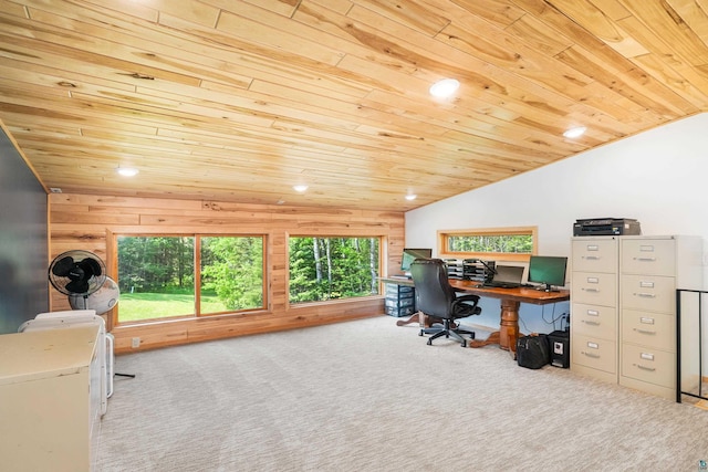 1682 Old N Shore Rd, Duluth, MN 55804 - office area with wood ceiling, carpet, recessed lighting, lofted ceiling, and wooden walls