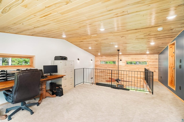 1682 Old N Shore Rd, Duluth, MN 55804 - office area featuring wooden ceiling, carpet flooring, wood walls, vaulted ceiling, and recessed lighting