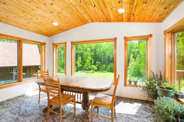 1682 Old N Shore Rd, Duluth, MN 55804 - dining area with lofted ceiling, baseboards, and wood ceiling