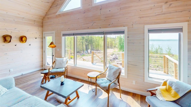 12157 Gunflint Trl, Grand Marais, MN 55604 - living area featuring vaulted ceiling, wood walls, wood finished floors, and baseboards
