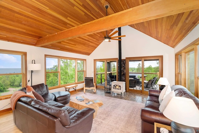 15 Big Cedar Trl, Lutsen, MN 55612 - living area with a wooden ceiling with exposed beams, a wood stove, ceiling fan, high vaulted ceiling, and wood finished floors
