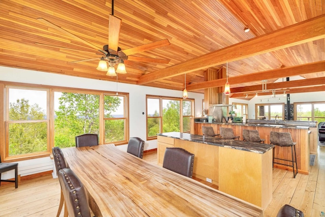 15 Big Cedar Trl, Lutsen, MN 55612 - dining room with wooden ceiling, ceiling fan, and light wood finished floors