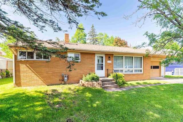 1229 W Arrowhead Rd, Duluth, MN 55804 - ranch-style home featuring brick siding, an attached garage, a chimney, and a front lawn