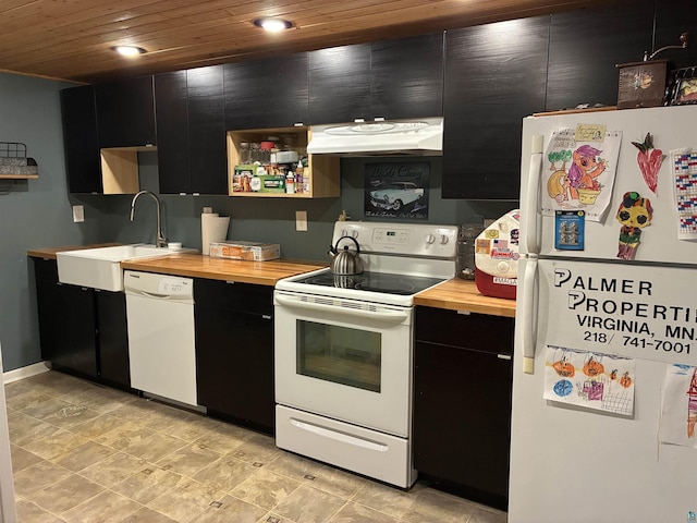 722 8th St S, Virginia, MN 55792 - kitchen featuring white appliances, range hood, wooden counters, dark cabinetry, and wood ceiling
